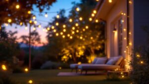 A photograph of a beautifully illuminated outdoor space featuring battery-powered led lights