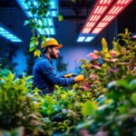 A photograph of a lighting contractor installing led grow lights in a modern indoor garden setup