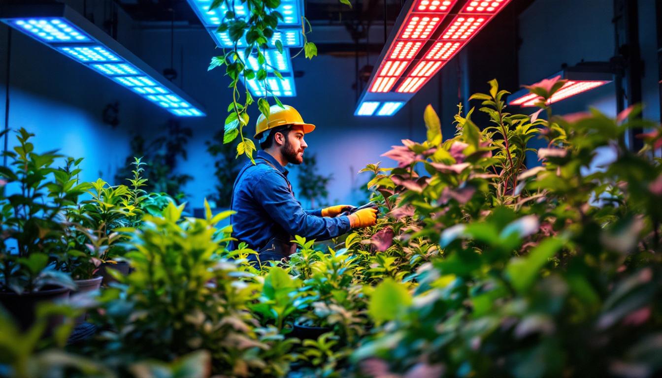 A photograph of a lighting contractor installing led grow lights in a modern indoor garden setup