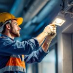 A photograph of a lighting contractor installing or inspecting emergency lighting fixtures in a commercial space