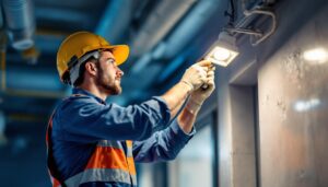 A photograph of a lighting contractor installing or inspecting emergency lighting fixtures in a commercial space