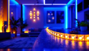 A photograph of a vibrant and creatively arranged flexible led strip in a modern lighting installation