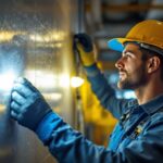 A photograph of a lighting contractor installing emergency backup lights in a commercial setting