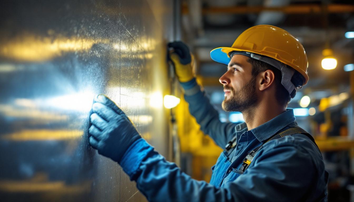 A photograph of a lighting contractor installing emergency backup lights in a commercial setting