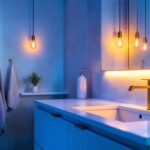 A photograph of a beautifully designed bathroom vanity illuminated by stylish