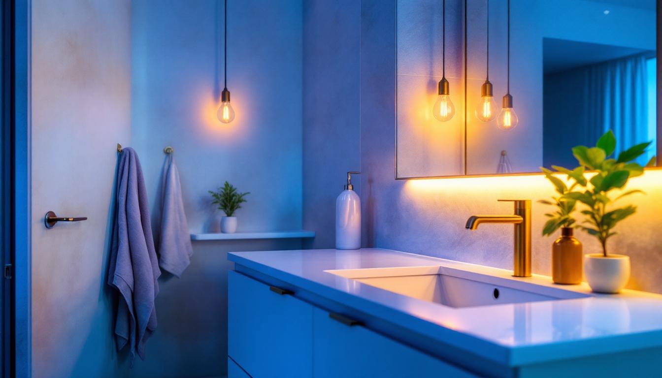 A photograph of a beautifully designed bathroom vanity illuminated by stylish