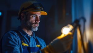 A photograph of a lighting contractor inspecting a flickering lamp in a dimly lit room