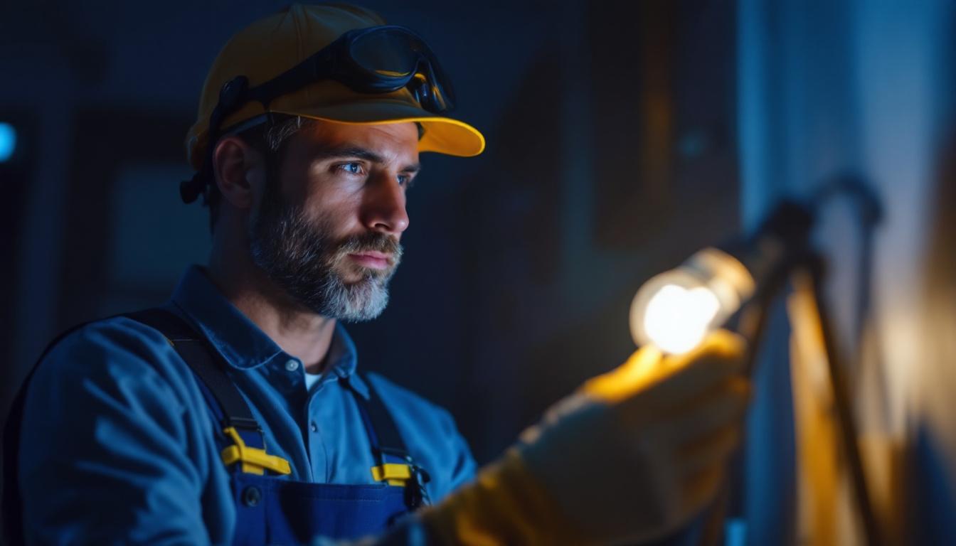 A photograph of a lighting contractor inspecting a flickering lamp in a dimly lit room