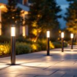 A photograph of a well-lit outdoor space featuring various styles of bollard lighting