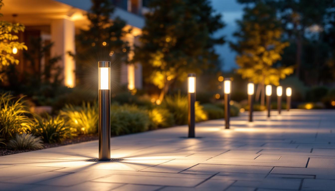 A photograph of a well-lit outdoor space featuring various styles of bollard lighting