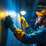 A photograph of a lighting contractor installing led lights in a commercial space