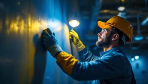 A photograph of a lighting contractor installing led lights in a commercial space