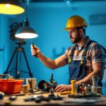 A photograph of a lighting contractor in the midst of a project