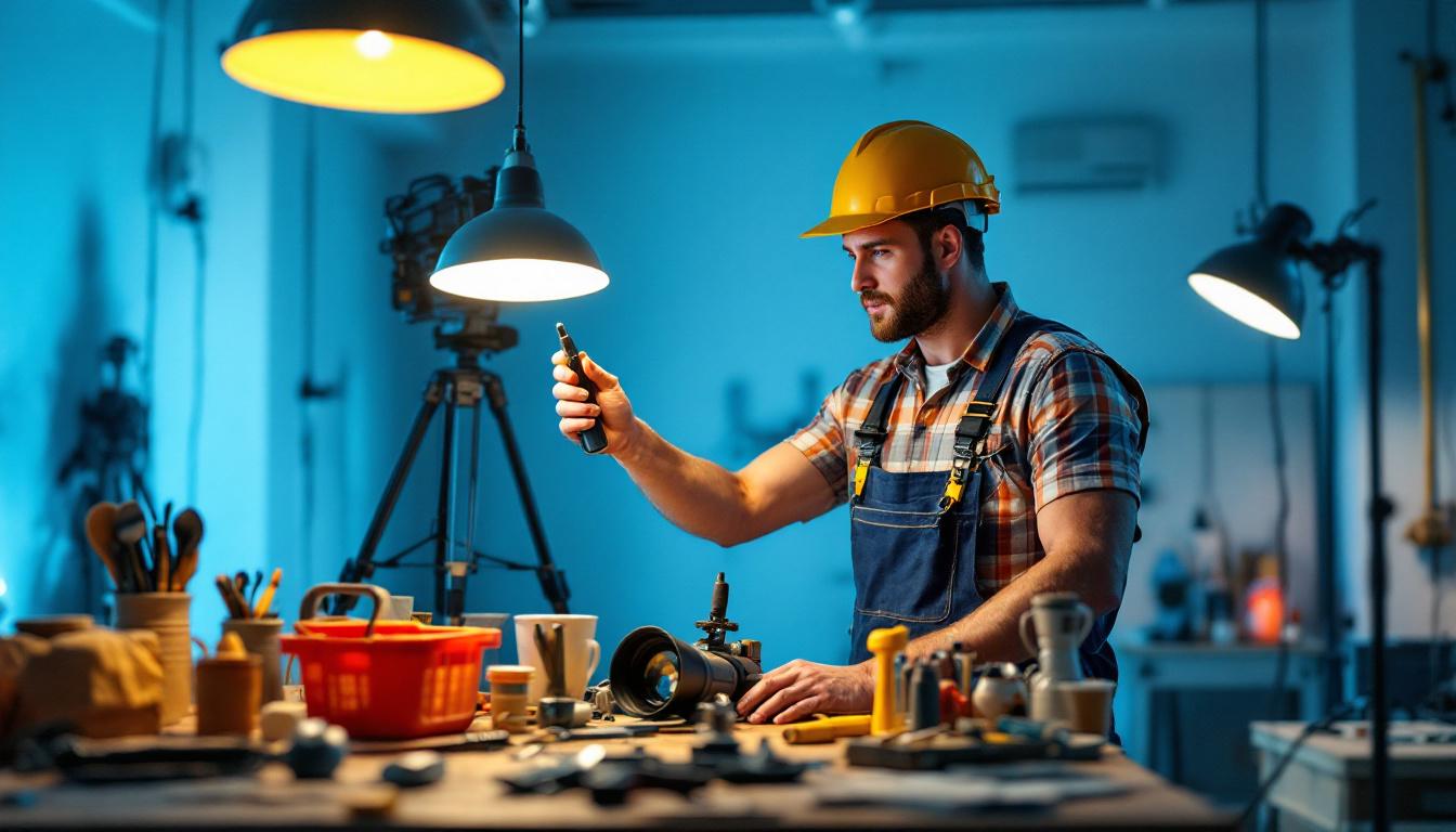 A photograph of a lighting contractor in the midst of a project