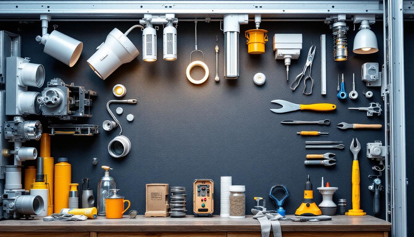 A photograph of a well-organized workspace featuring various track lighting components