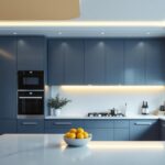 A photograph of a modern kitchen featuring recessed ceiling lighting