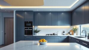 A photograph of a modern kitchen featuring recessed ceiling lighting