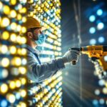 A photograph of a lighting contractor working on a backlight panel installation