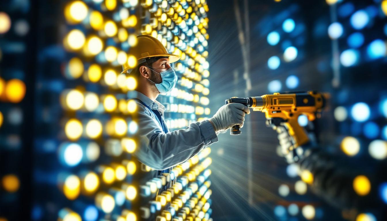 A photograph of a lighting contractor working on a backlight panel installation