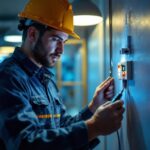 A photograph of a skilled lighting contractor installing or testing a led emergency driver in a commercial or residential setting