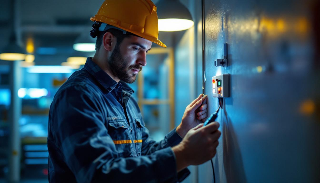 A photograph of a skilled lighting contractor installing or testing a led emergency driver in a commercial or residential setting