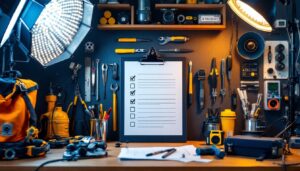 A photograph of a well-organized lighting contractor's workspace