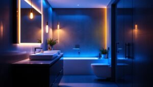 A photograph of a modern bathroom showcasing various led lighting installations