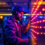 A photograph of a lighting contractor skillfully installing vibrant colored led lights in a modern interior space