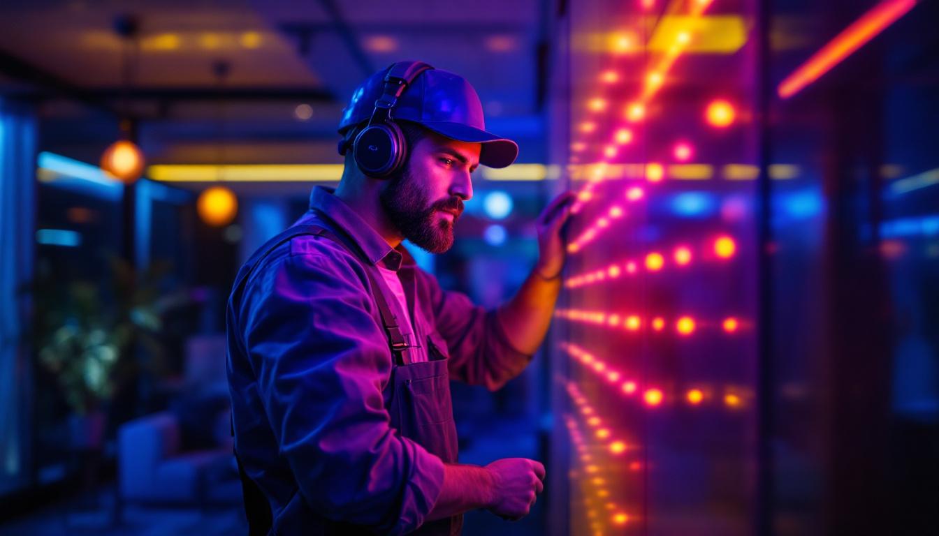 A photograph of a lighting contractor skillfully installing vibrant colored led lights in a modern interior space