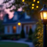 A photograph of a beautifully illuminated yard post light in a residential setting during twilight