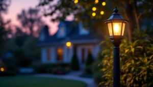A photograph of a beautifully illuminated yard post light in a residential setting during twilight