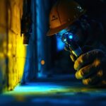 A photograph of a lighting contractor using a handheld uv light in a dimly lit environment