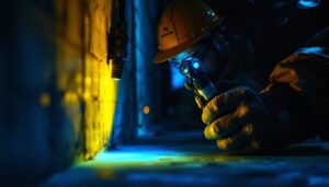 A photograph of a lighting contractor using a handheld uv light in a dimly lit environment