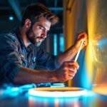 A photograph of a skilled lighting contractor installing led tape lights in a modern interior space