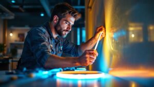 A photograph of a skilled lighting contractor installing led tape lights in a modern interior space