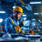 A photograph of a lighting contractor actively engaged in a dynamic work environment