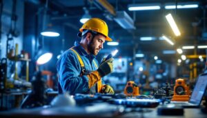 A photograph of a lighting contractor actively engaged in a dynamic work environment