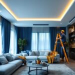A photograph of a skilled lighting contractor installing modern recessed lights in a stylishly designed room
