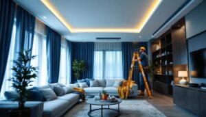 A photograph of a skilled lighting contractor installing modern recessed lights in a stylishly designed room