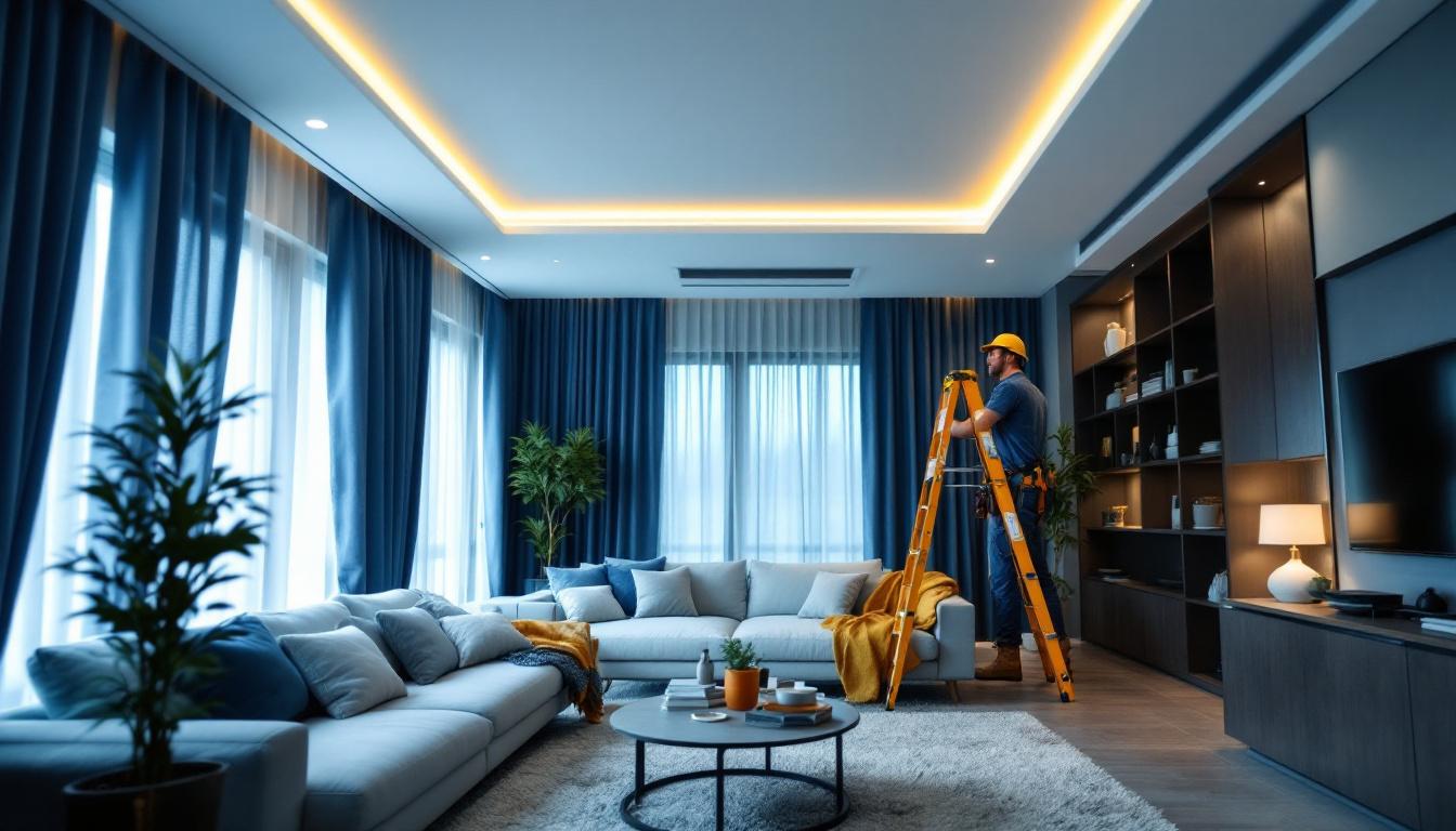 A photograph of a skilled lighting contractor installing modern recessed lights in a stylishly designed room