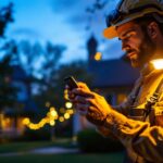 A photograph of a lighting contractor installing an outdoor motion sensor light in a residential setting during dusk