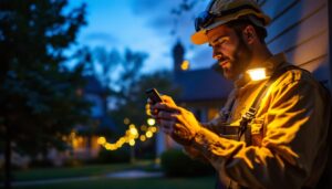 A photograph of a lighting contractor installing an outdoor motion sensor light in a residential setting during dusk