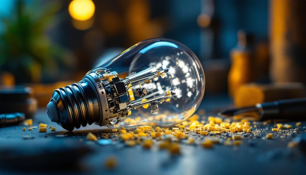 A photograph of a close-up shot of an led bulb disassembled to showcase its internal components