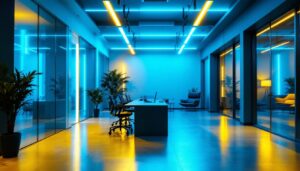 A photograph of a modern interior space illuminated by bright led lighting