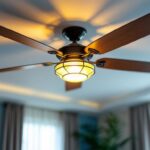A photograph of a beautifully designed ceiling fan with an elegant light kit installed