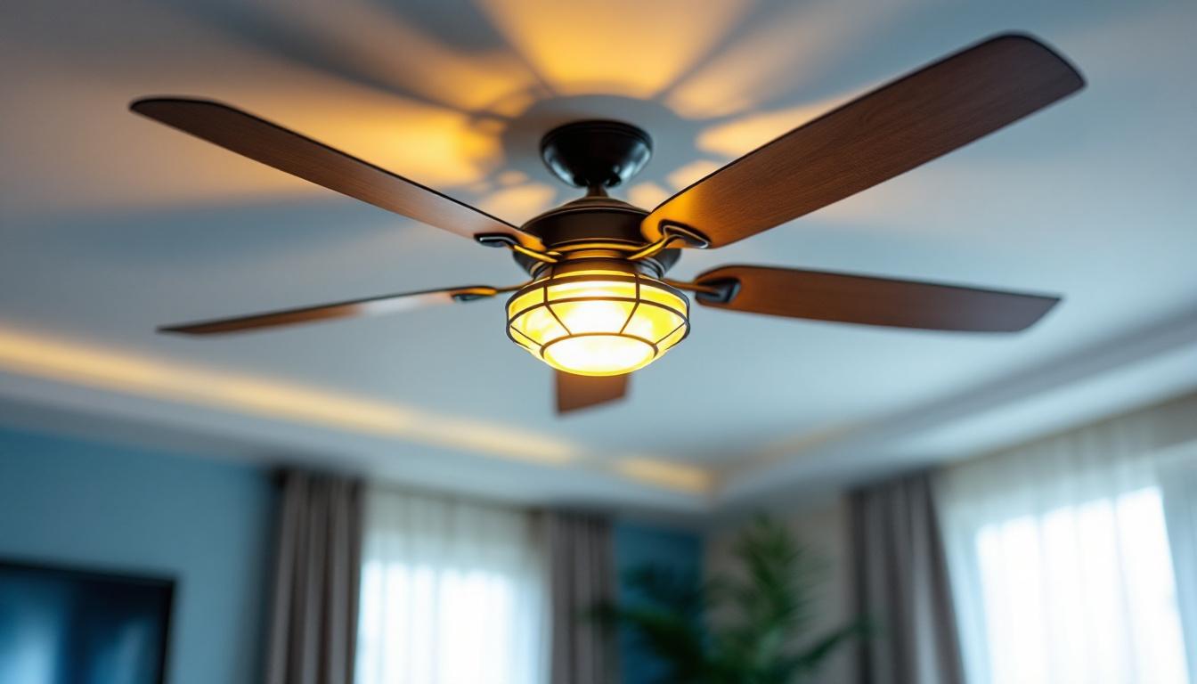 A photograph of a beautifully designed ceiling fan with an elegant light kit installed