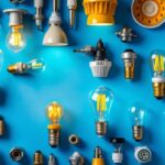 A photograph of a well-organized display of various light bulb fittings and their corresponding fixtures