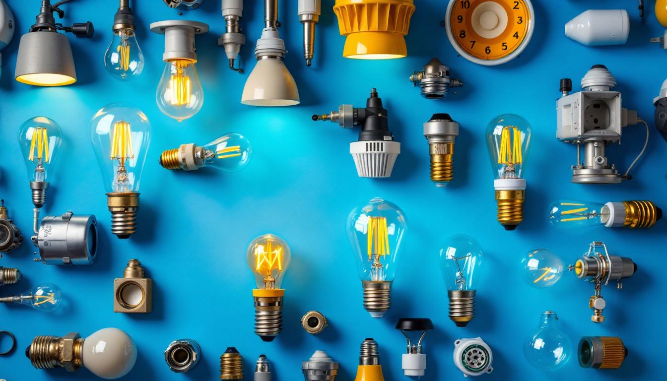 A photograph of a well-organized display of various light bulb fittings and their corresponding fixtures