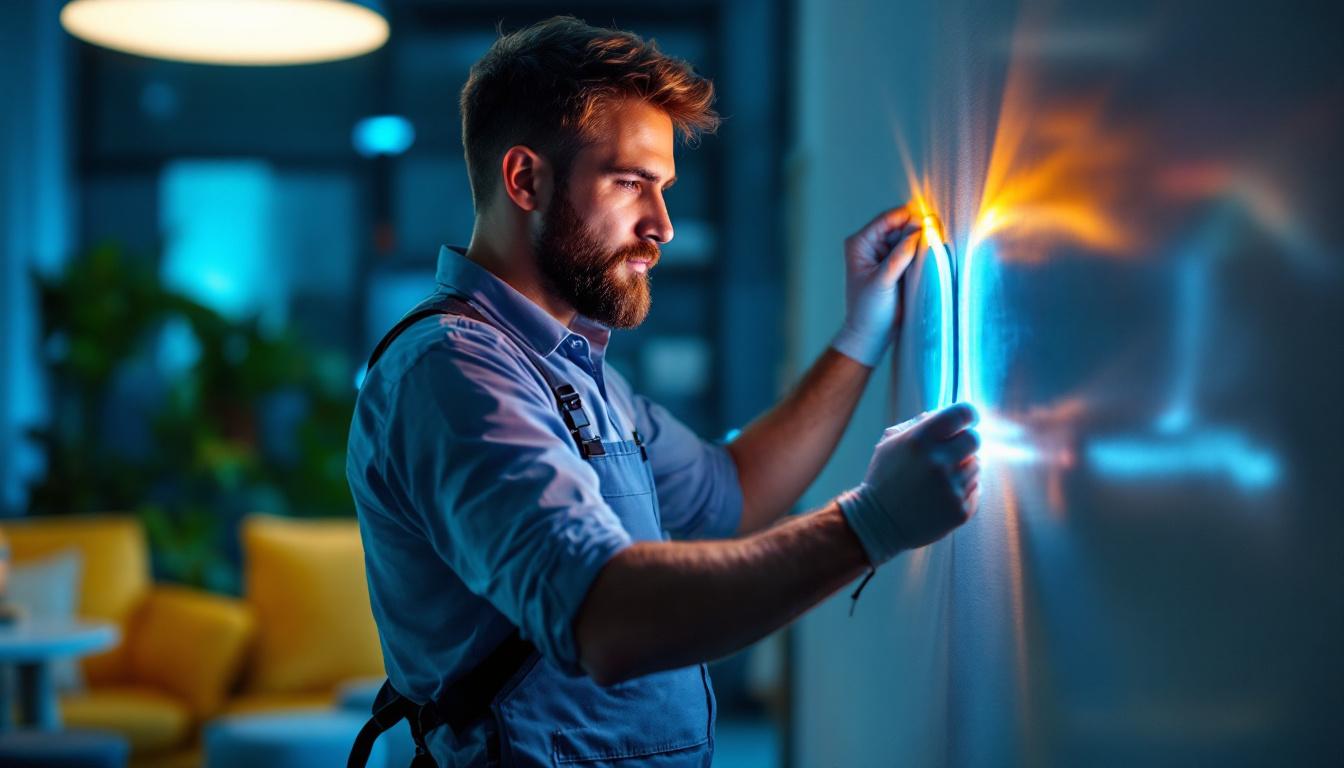 A photograph of a skilled lighting contractor expertly installing vibrant led strips in a stylish interior setting