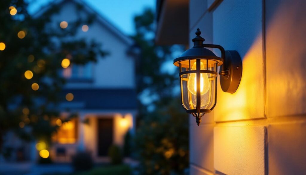 A photograph of a stylish outdoor wall lantern light fixture installed on a charming home exterior